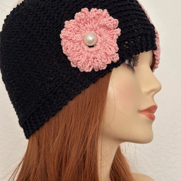 Hand Knits 2 Love Headband Bandana Headwrap Flower Pearls Designer Black Pink